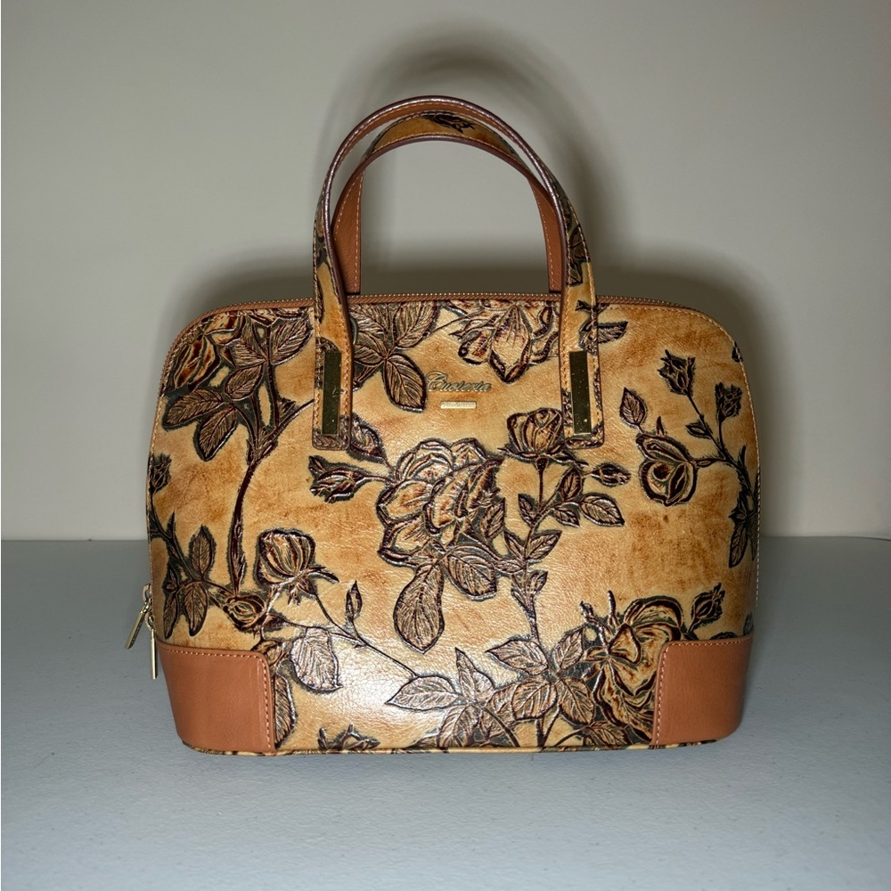 Tan and Black Floral Tote with Structured Design
